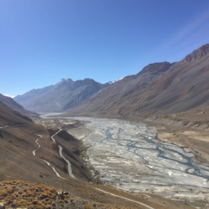 Road from Rangrik to Kaza with Spiti River in the valley